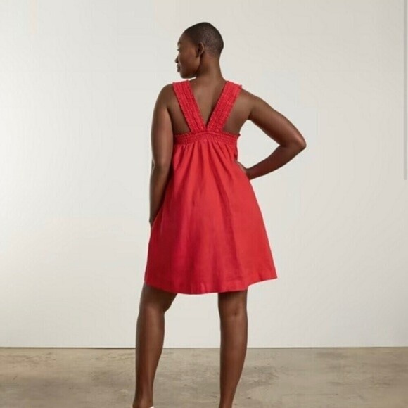 NWT Everlane 100% Linen The  Smocked Mini Dress in Goji Berry Red SZ Small - Picture 3 of 9